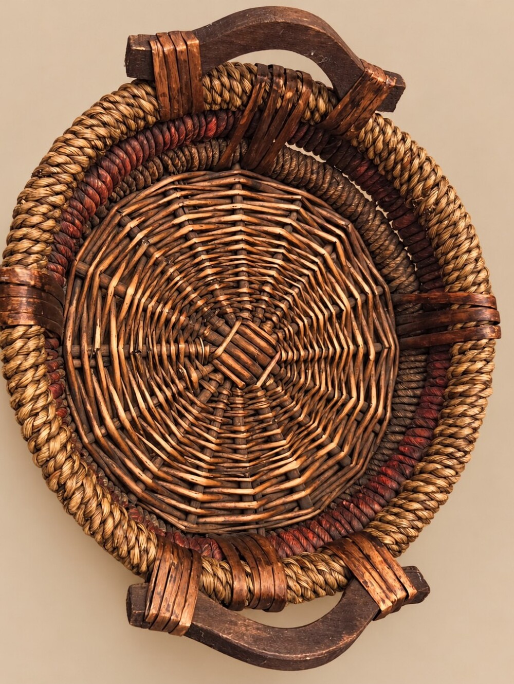 Vintage Handwoven Wicker Basket Wood Handles Rustic Boho Primitive Decor 16"
